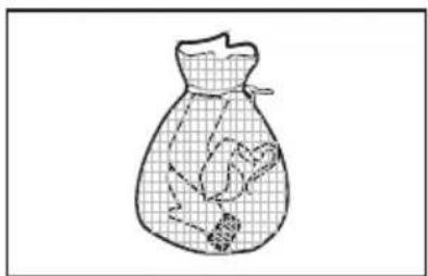 Line drawing of a bag with a grid pattern and a small object inside (no text or symbols)