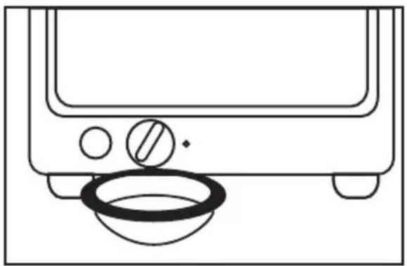 Line drawing of a toaster oven with a circular base and control knob (no text or symbols)