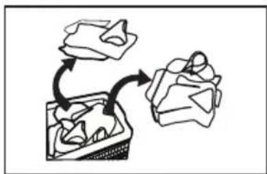 Simple line drawing of a bag being folded into a basket (no text or symbols)