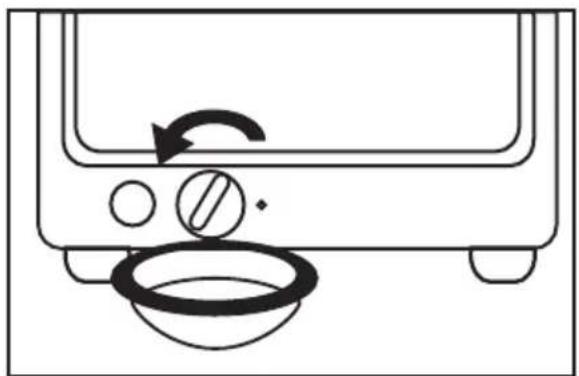 Line drawing of a toaster oven with a circular dial and a bowl on the side (no text or symbols)