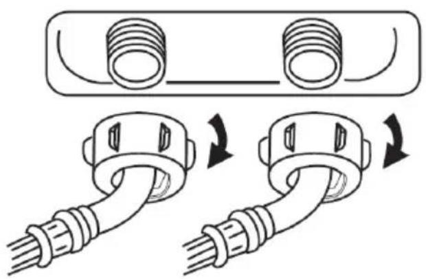 Diagram showing two cable connectors with coiled wires and a connector, illustrating the connection mechanism (no text or symbols present)