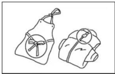 Line drawing of two fabric bags with circular designs and a ribbon, no text or symbols present