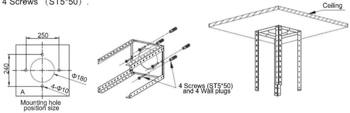 4 Screws (ST5*50) Mounting hole position size 250 240 Φ180 A 4-Φ10 Ceiling 4 Screws (ST5*50) and 4 Wall plugs