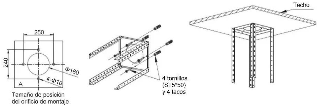 Tamaño de posición del orificio de montaje 250 240 Φ180 A 4-Φ10 4 tornillos (ST5*50) y 4 tacos Techo