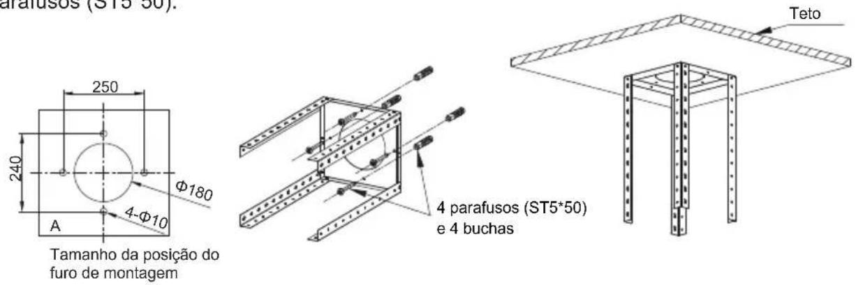 Tamanho da posição do furo de montagem 250 240 Φ180 A 4-Φ10 4 parafusos (ST5*50) e 4 buchas Teto