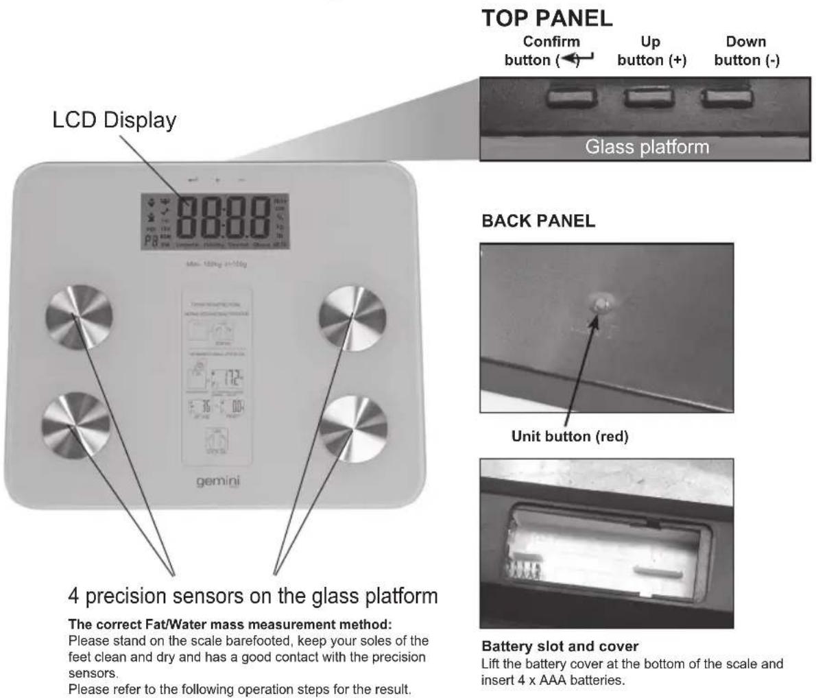 TOP PANEL Confirm button (←) Up button (+) Down button (-) LCD Display 80:00 80:00 P8 120mg (×100g) glass platform BACK PANEL Unit button (red) 4 precision sensors on the glass platform The correct Fat/Water mass measurement method: Please stand on the scale barefooted, keep your soles of the feet clean and dry and has a good contact with the precision sensors. Please refer to the following operation steps for the result. Battery slot and cover Lift the battery cover at the bottom of the scale and insert 4 x AAA batteries.