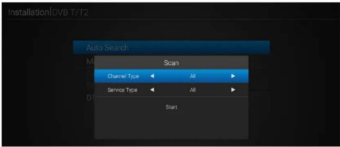 Installation\DVB T/T2 Auto Search Scan Channel Type All Service Type All Start
