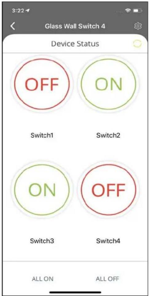 Glass Wall Switch 4 Device Status OFF ON Switch1 Switch2 ON OFF Switch3 Switch4 ALL ON ALL OFF