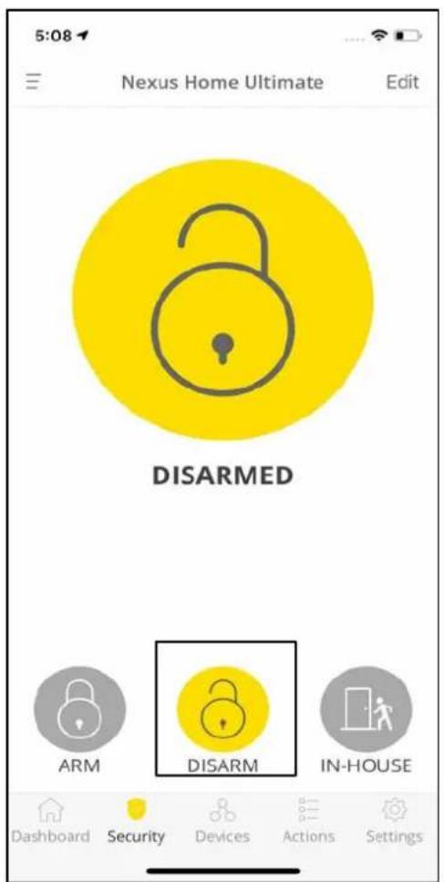 5:08 Nexus Home Ultimate Edit DISARMED ARM DISARM IN-HOUSE Dashboard Security Devices Actions Settings