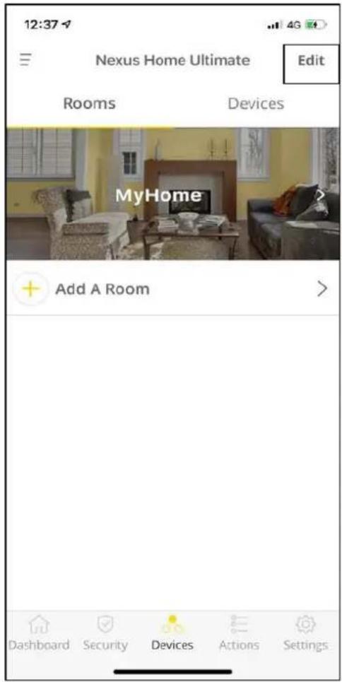 12:37 Nexus Home Ultimate Edit Rooms Devices MyHome Add A Room Dashboard Security Devices Actions Settings