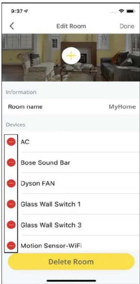9:37 Edit Room Done Information Room name MyHome Devices AC Bose Sound Bar Dyson FAN Glass Wall Switch 1 Glass Wall Switch 3 Motion Sensor-WiFi Delete Room