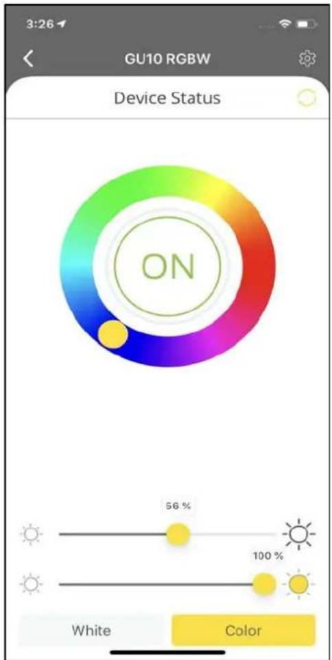3:26 GU10 RGBW Device Status ON 56 % 100 % White Color