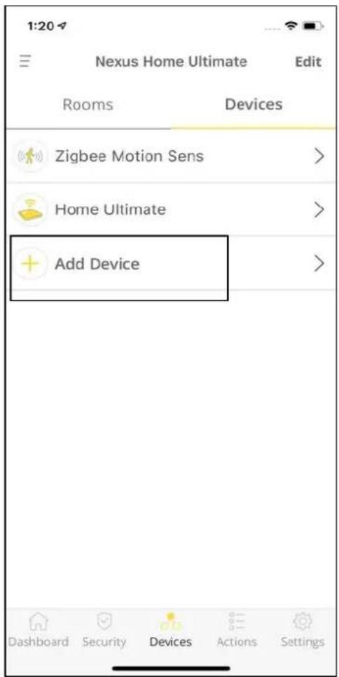 1:20 Nexus Home Ultimate Edit Rooms Devices Zigbee Motion Sens > Home Ultimate > Add Device >