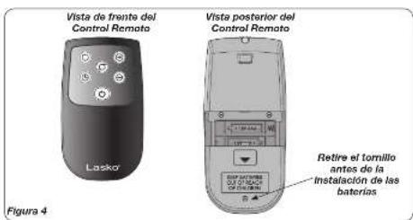 Vista de fronte del Control Remoto Vista posterior del Control Remoto Lasko Retire el tornillo antes de la Instalación de las baterias Figura 4
