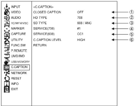 INPUT VIDEO AUDIO TC-WFM/VSC MARKER CAPTURE UTILITY FUNC.SW P.REMOTE UMD/IMD USB MEMORY C.CAPTION NETWORK RESET INFO EXIT CLOSED CAPTION OFF HD TYPE 708 SD TYPE 608 / ANC SERVICE(708) #1 SERVICE(608) CC1 C.CAPTION LEVEL HIGH RETURN ① ② ③ ④ ⑤ ⑥