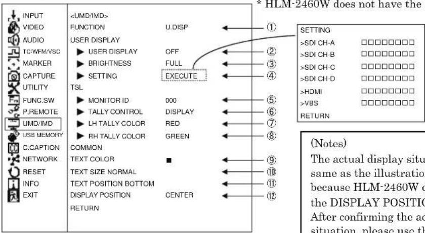 INPUT VIDEO AUDIO TC/WFM/VSC MARKER CAPTURE UTILITY FUNC.SW P.REMOTE UMD/IMD USB MEMORY C.CAPTION NETWORK RESET INFO EXIT FUNCTION USER DISPLAY ► USER DISPLAY OFF ► BRIGHTNESS FULL ► SETTING EXECUTE TSL ► MONITOR ID 000 ► TALLY CONTROL DISPLAY ► LH TALLY COLOR RED ► RH TALLY COLOR GREEN COMMON TEXT COLOR ■ TEXT SIZE NORMAL TEXT POSITION BOTTOM DISPLAY POSITION CENTER RETURN U.DISP ① ② ③ ④ ⑤ ⑥ ⑦ ⑧ ⑨ ⑩ ⑪ ⑫ * HLM-2460W does not have the SETTING >SDI CH-A □□□□□□□□□ >SDI CH-B □□□□□□□□□ >SDI CH-C □□□□□□□□□ >SDI CH-D □□□□□□□□□ >HDMI □□□□□□□□□ >VBS □□□□□□□□□ RETURN (Notes) The actual display situation same as the illustration because HLM-2460W does not have the DISPLAY POSITION. After confirming the actual situation, please use the