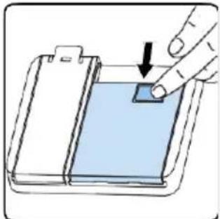 Illustration of a hand pressing down on a blue liquid in a container (no text or symbols)