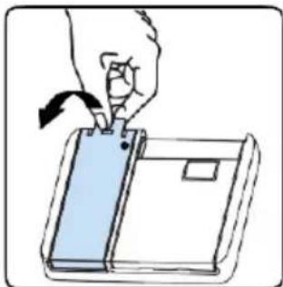 Illustration of a hand inserting a card into a notebook (no text or symbols visible)