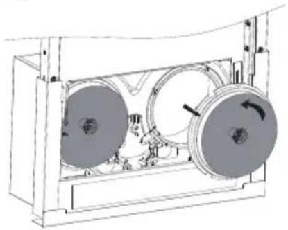 Technical line drawing of a mechanical device with two circular components and directional arrows indicating motion (no text or symbols)