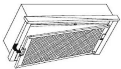 Technical line drawing of a rectangular panel with a mesh grille and mounting bracket (no text or symbols)