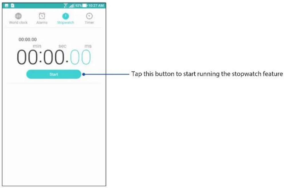 00:00.00 min sec ms 00:00.00 Start Tap this button to start running the stopwatch feature