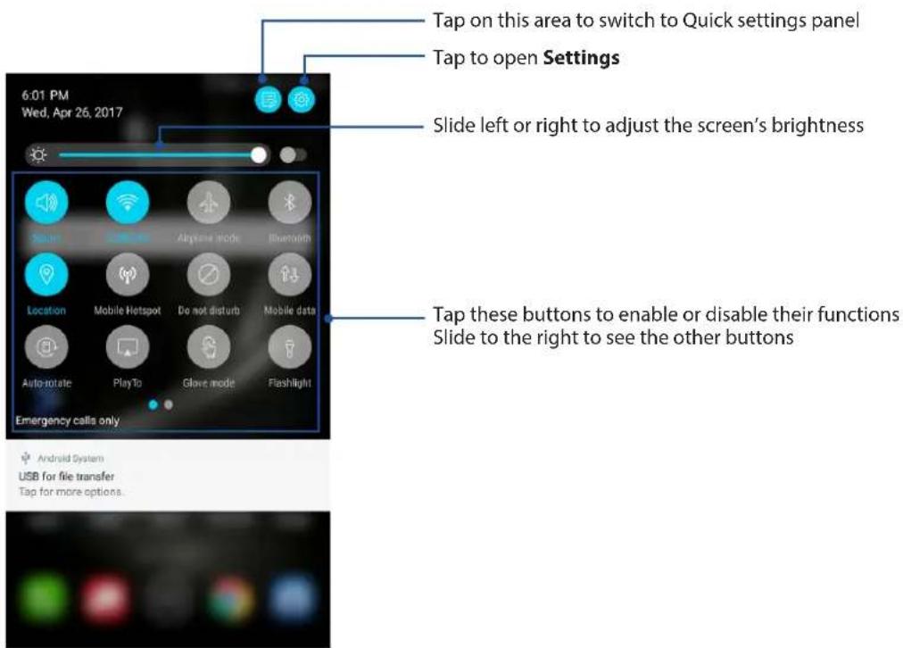 6:01 PM Wed, Apr 26, 2017 Tap on this area to switch to Quick settings panel Tap to open Settings Slide left or right to adjust the screen's brightness Tap these buttons to enable or disable their functions Slide to the right to see the other buttons Emergency calls only Android System USB for file transfer Tap for more options.
