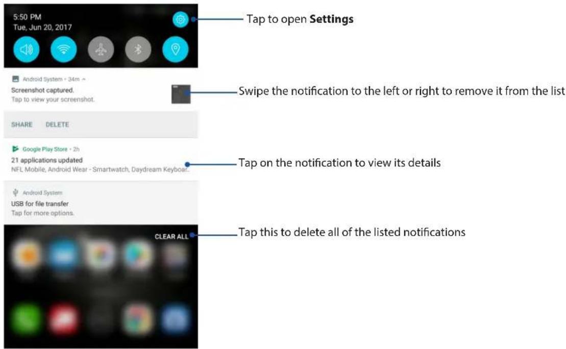 5:50 PM Tue, Jun 20, 2017 Tap to open Settings Android System - 34m - Screenshot captured. Tap to view your screenshot. SHARE DELETE Google Play Store - 2h 21 applications updated NFL Mobile, Android Wear - Smartwatch, Daydream Keyboard. Tap on the notification to view its details Android System USB for file transfer Tap for more options. Clear ALL Tap this to delete all of the listed notifications