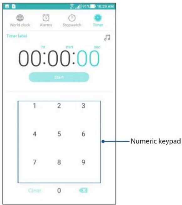 91% 10:29 AM World clock Alarms Stopwatch Timer Timer label 00:00:00 hr min sec Start 1 2 3 4 5 6 7 8 9 Clear 0 Numeric keypad