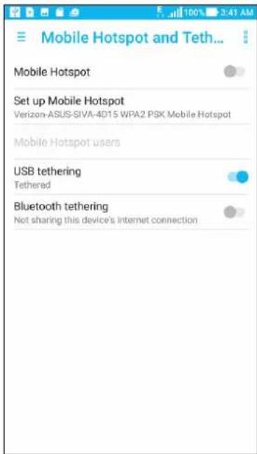 Mobile Hotspot and Teth... Mobile Hotspot Set up Mobile Hotspot Verizon-ASUS-SIVA-4D15 WPA2 PSK Mobile Hotspot Mobile Hotspot users USB tethering Tethered Bluetooth tethering Not sharing this device's Internet connection