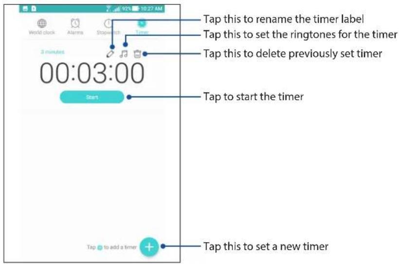 Tap this to rename the timer label Tap this to set the ringtones for the timer Tap this to delete previously set timer 00:03:00 Start Tap to start the timer Tap to add a timer Tap this to set a new timer