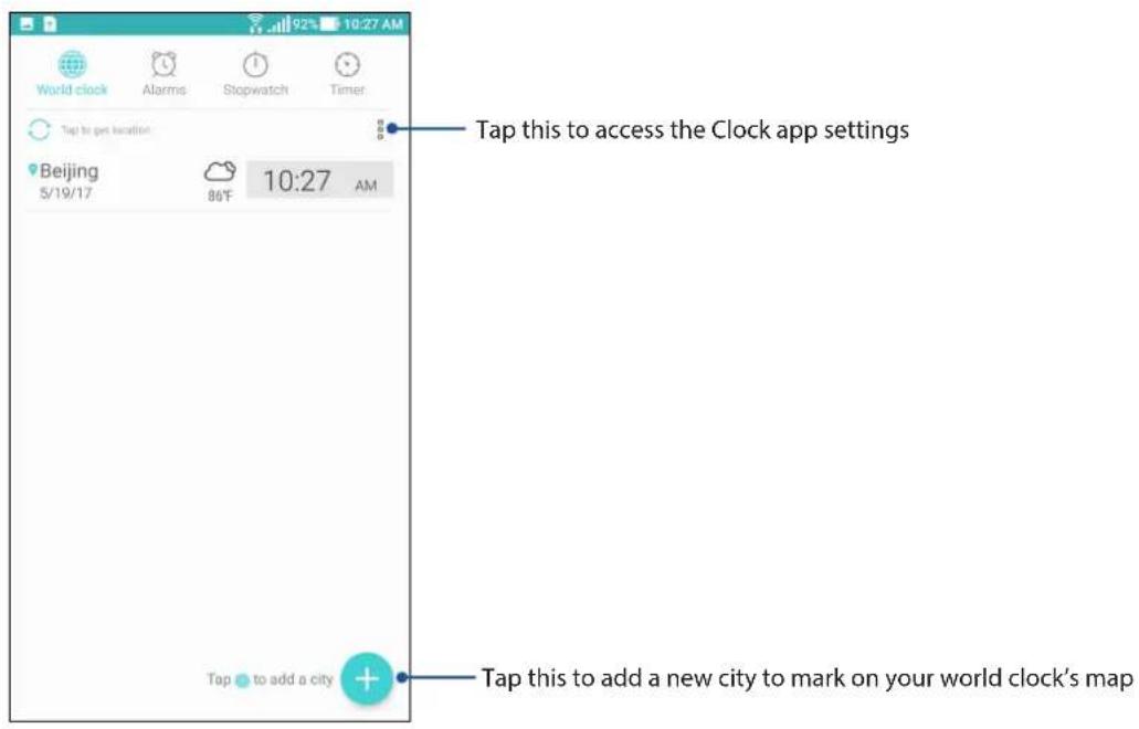 Tap this to access the Clock app settings Beijing 5/19/17 86°F 10:27 AM Tap this to add a city Tap this to add a new city to mark on your world clock's map