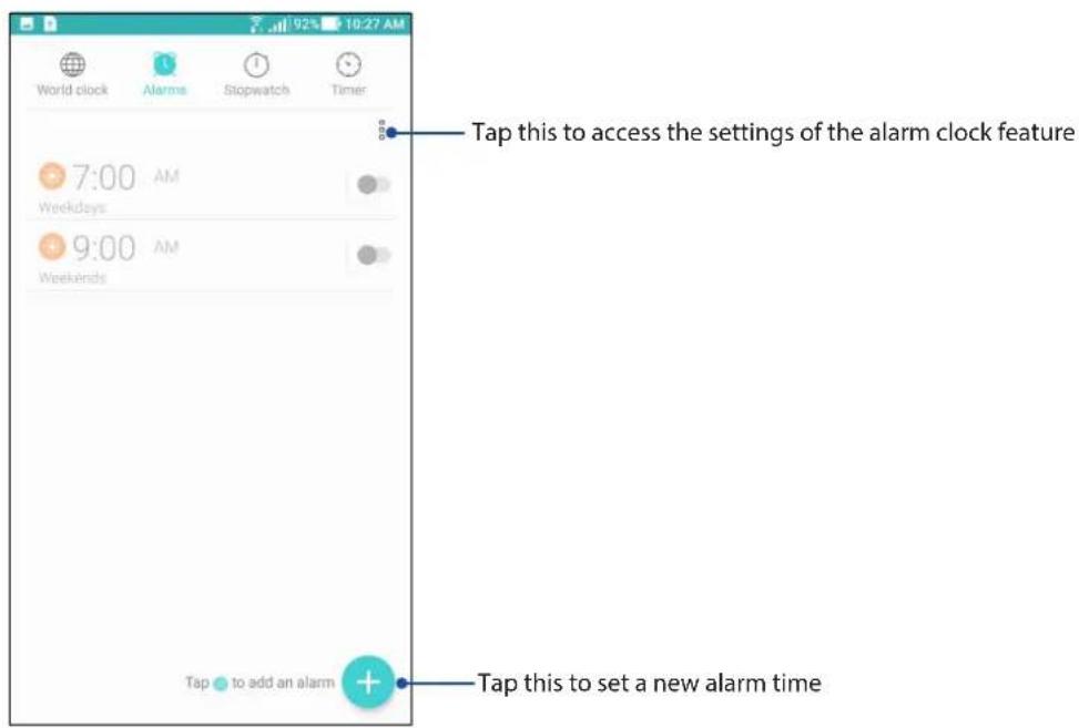 Tap this to access the settings of the alarm clock feature 7:00 AM Weekdays 9:00 AM Weekends Tap to add an alarm Tap this to set a new alarm time