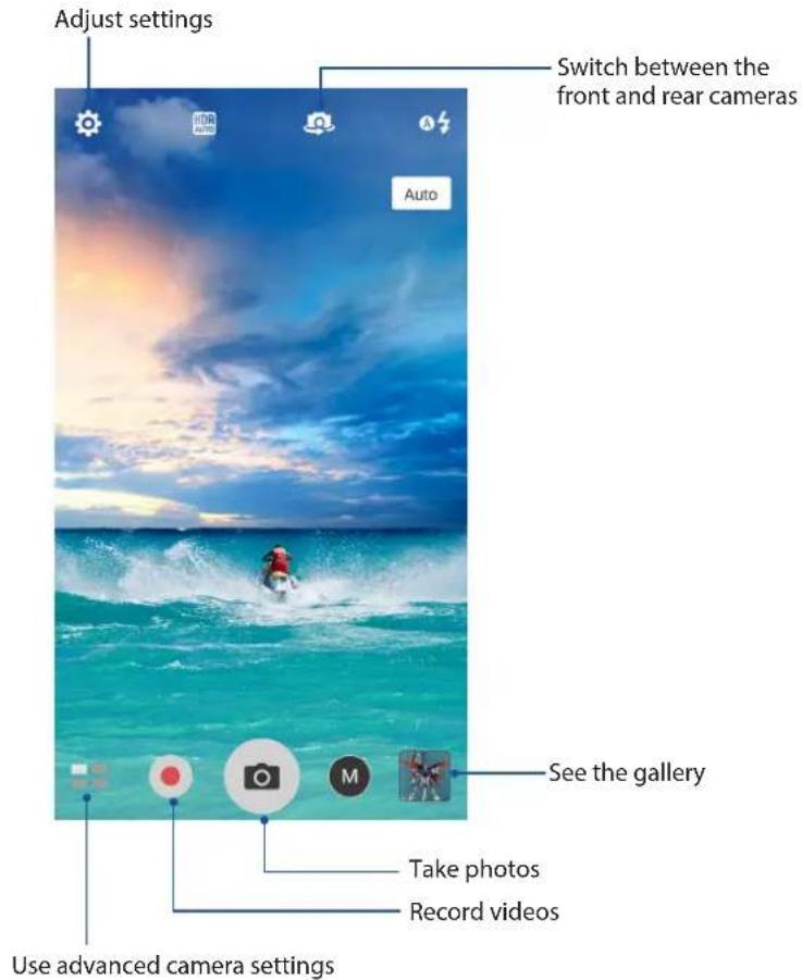 Adjust settings Switch between the front and rear cameras Auto See the gallery Take photos Record videos Use advanced camera settings