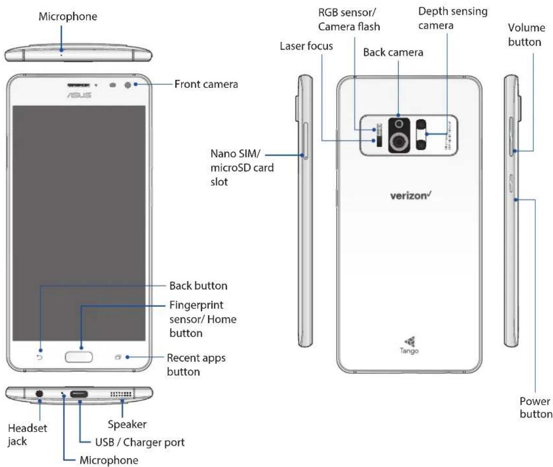 Microphone ASUS Front camera Nano SIM/ microSD card slot Back button Fingerprint sensor/ Home button Recent apps button Headset jack Speaker USB / Charger port Microphone RGB sensor/ Camera flash Laser focus Back camera Depth sensing camera Volume button verizon' Tango Power button