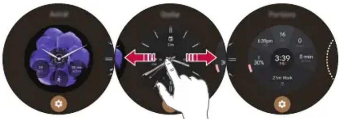 Three-step smartwatch interface showing time, speed, and battery status with Chinese UI annotations