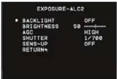 EXPOSURE-ALC2 BACKLIGHT OFF BRIGHTNESS 50 AGC HIGH SHUTTER 1/700 SENS-UP OFF RETURN
