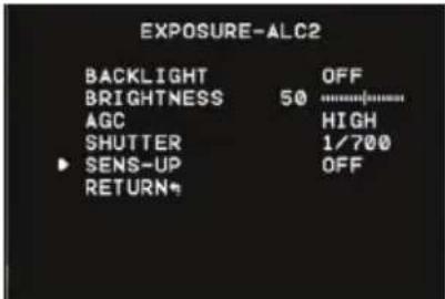 EXPOSURE-ALC2 BACKLIGHT OFF BRIGHTNESS 50 AGC HIGH SHUTTER 1/700 SENS-UP OFF RETURN*