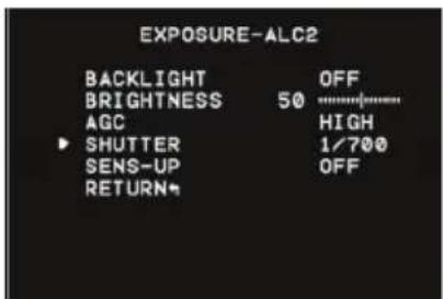 EXPOSURE-ALC2 BACKLIGHT OFF BRIGHTNESS 50 ····················· AGC HIGH SHUTTER 1/700 SENS-UP OFF RETURN