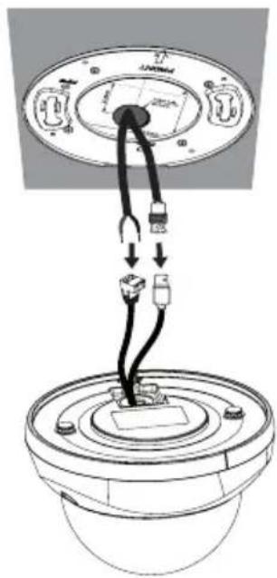 Diagram showing cable installation between a circular device with labeled ports and connectors