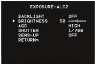 EXPOSURE-ALC2 BACKLIGHT OFF BRIGHTNESS 50 AGC HIGH SHUTTER 1/700 SENS-UP OFF RETURN+