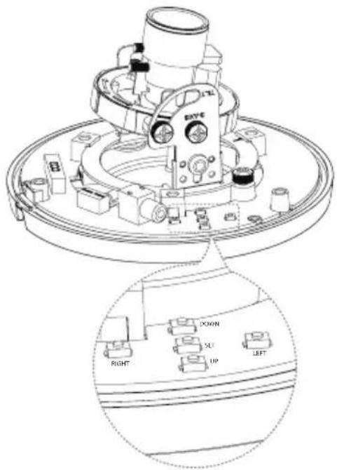Technical diagram of a mechanical device with labeled components and an inset view showing directional indicators (RORTH, DOWN, SLT, UP, LEFT).