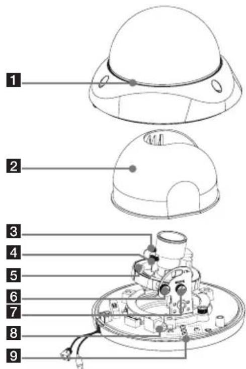 Diagram of a device with numbered parts, showing exploded and assembled views of a dome-shaped device.