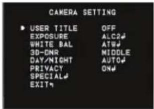CAMERA SETTING ▶ USER TITLE OFF EXPOSURE ALC2# WHITE BAL AT# 3D-DNR MIDDLE DAY/NIGHT AUTO# PRIVACY ON# SPECIAL EXIT#