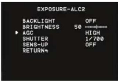 EXPOSURE-ALC2 BACKLIGHT OFF BRIGHTNESS 50 AGC HIGH SHUTTER 1/700 SENS-UP OFF RETURN*