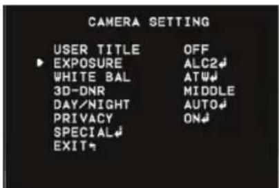 CAMERA SETTING USER TITLE OFF ► EXPOSURE ALC2# WHITE BAL ATW# 3D-DNR MIDDLE DAY/NIGHT AUTO# PRIVACY ON# SPECIAL EXIT