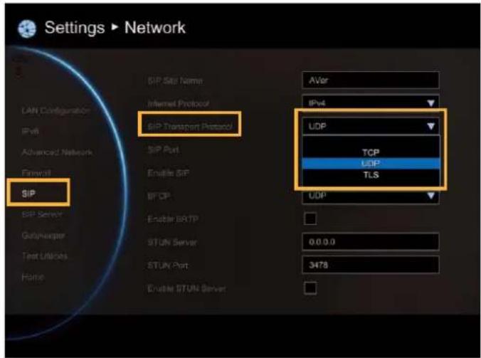 Settings ▶ Network LAN Configuration IPv6 Advanced Network Firewire SIP SIP Server GateKeeper Text Utunes Home SIP Sip Name Internet Protocol SIP Transport Protocol SIP Port Enable SIP BFCP Enable BFTP STUN Server STUN Port Enable STUN Server AVar IPv4 UDP TCP UDP TLS UDP 0.0.0.0 3478
