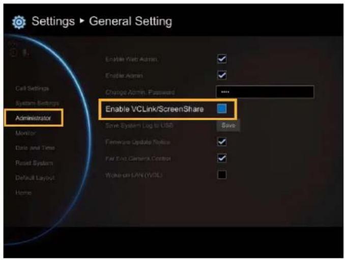 Settings ▶ General Setting Enable Web Admin. Enable Admin. Change Admin. Password Enable VCLink/ScreenShare Save System Log to USB Firearm Update Notice Fair End Camera Control Write-up LAN (VDSL)