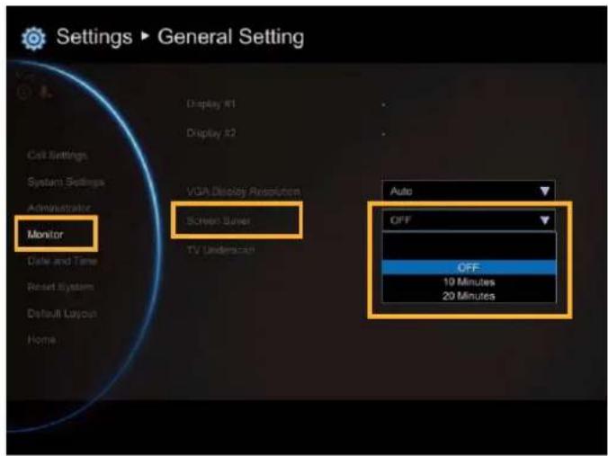 Settings ▶ General Setting Display #1 Display #2 VGA Display Resolution Monitor Screen Server TV Understand Auto OFF OFF 10 Minutes 20 Minutes