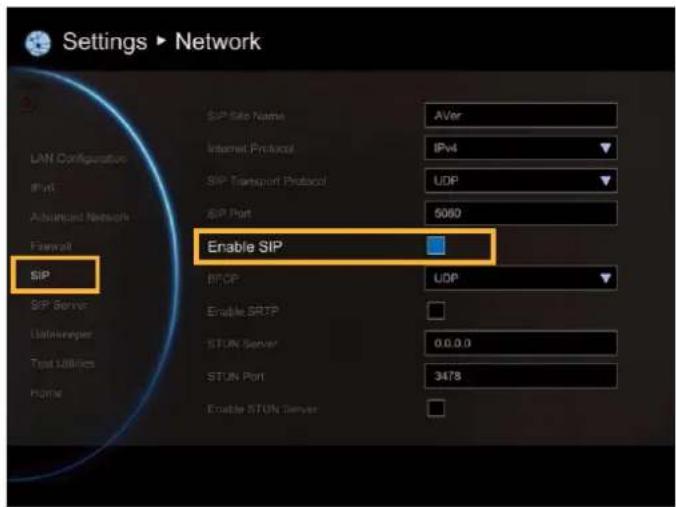 Settings ▶ Network SIP SIP Site Name AVer Internet Protocol IPv4 SIP Transport Protocol UDP SIP Port 5060 Enable SIP SIP Server Interrupter Text Utilities Home RFTP UDP Enable SRTP STUN Server 0.0.0.0 STUN Port 3478 Enable STUN Server