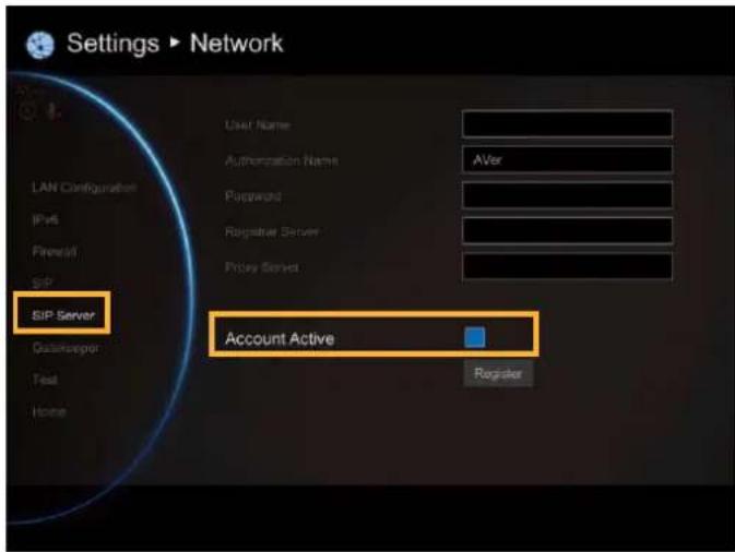 Settings ▶ Network LAN Configuration IPv6 Firewall Sub SIP Server User Name Authentication Name Password Registrar Server Proxy Server Account Active Register